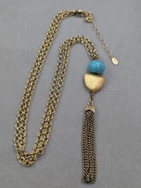 Molly’s Beads Gold Tone Turquoise Blue Chain Tassel Long Necklace | 0129